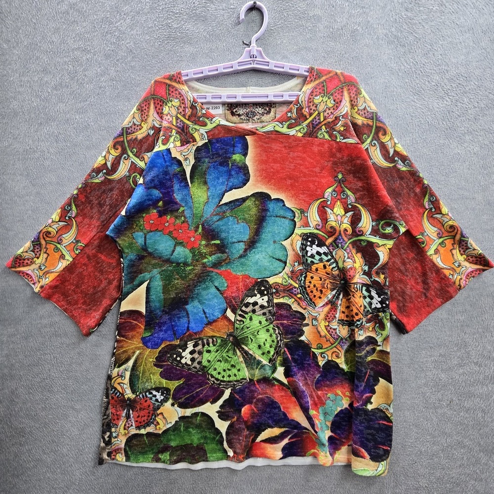AMMA Women Shirt L Multicolor Floral Pullover Short Sleeve Artsy Tunic